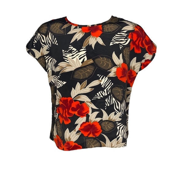 Bentley Tops - Bentley Floral Palm + Zebra Print Blouse (Size: Large, Color: Red/Black/Olive)